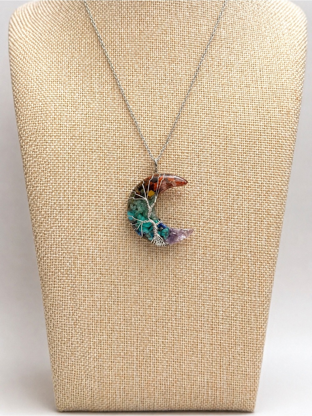 Crescent Moon Chakra Necklace Wire Wrapped Gemstone Boho Silver